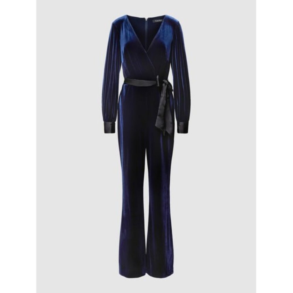 Lauren Ralph Lauren Blue & Black Belted Velvet Jumpsuit Wide Leg Size 12 NEW